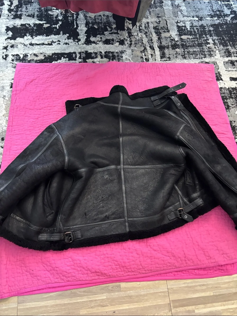 Black genuine leather Shearling Bomber Jacket - Men, M